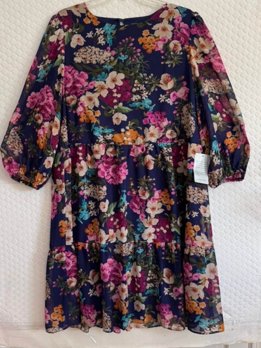 NWT Julia Jordan Navy Floral Print Chiffon Dress, Ruffle Hem, Waist Size 14